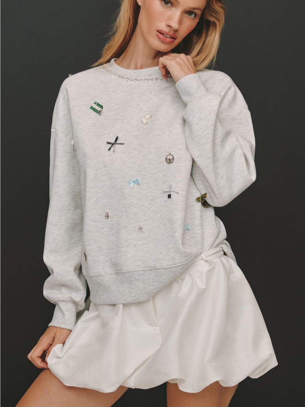 Anthropologie Maeve Icon Crewneck Sweater Pullover Top Jewels Bows